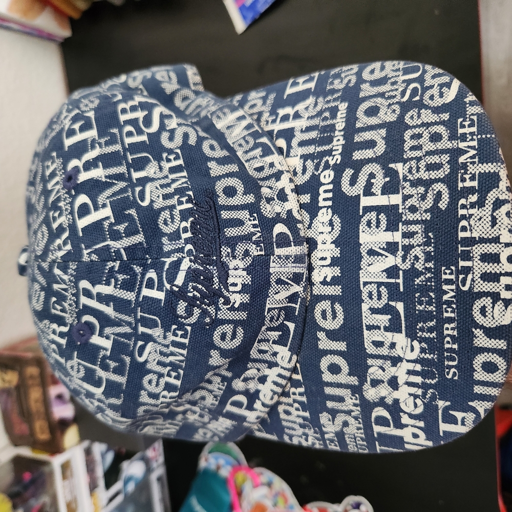Supreme Navy and White Text Pattern Cap